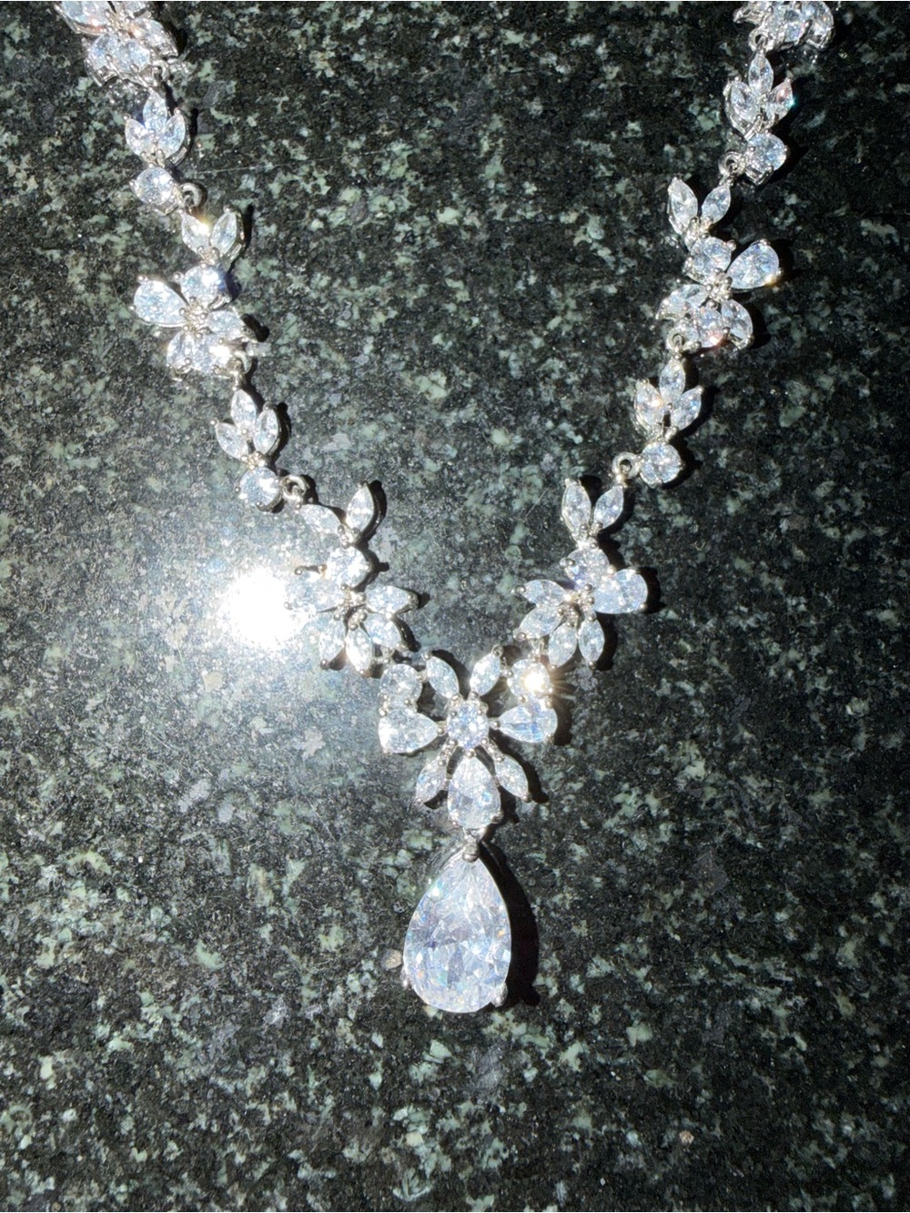 Sparkling Silver Floral Teardrop Necklace in Silver Special Occasion